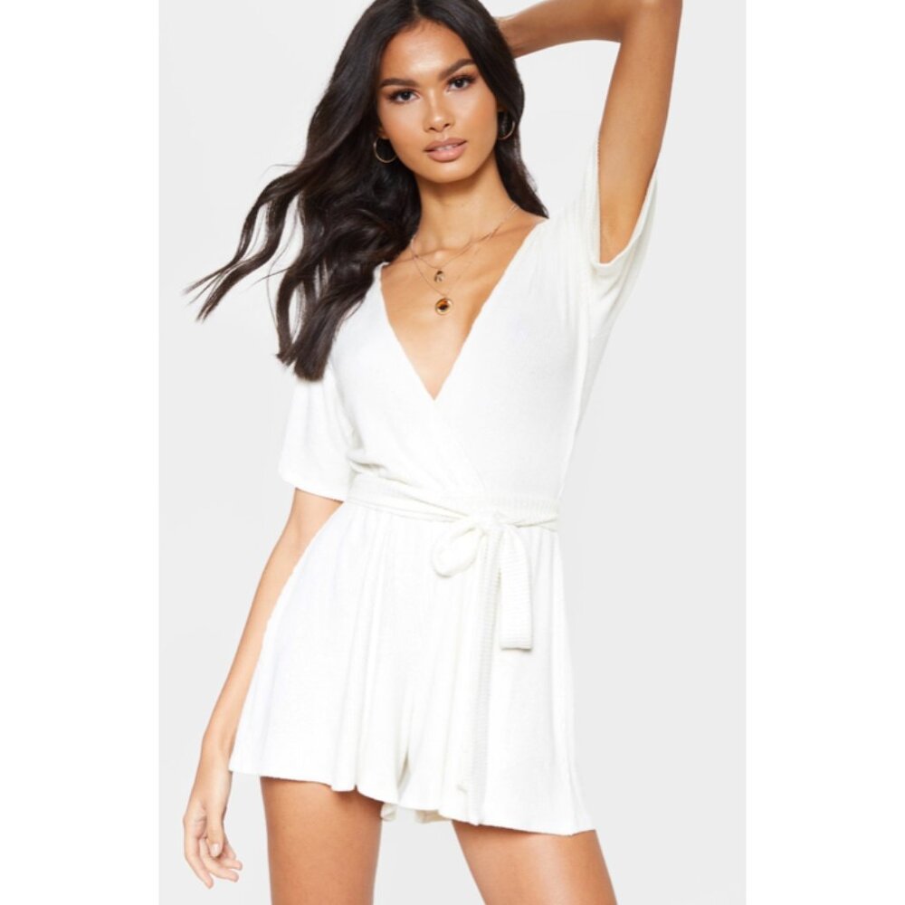 PrettyLittleThing White Soft Rib Tie Waist Romper